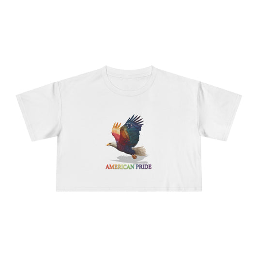Colorful American Pride Women's Crop Tee, Bohemian Summer Shirt, Patriotic Gift, Festival Apparel, Casual Everyday Wear