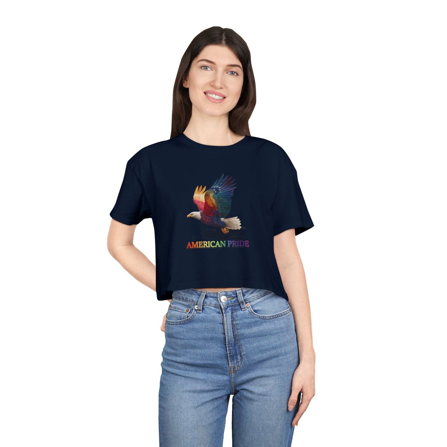 Colorful American Pride Women's Crop Tee, Bohemian Summer Shirt, Patriotic Gift, Festival Apparel, Casual Everyday Wear