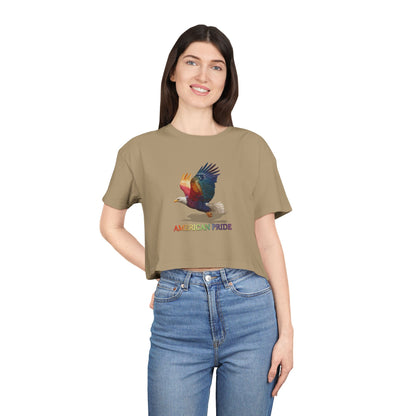Colorful American Pride Women's Crop Tee, Bohemian Summer Shirt, Patriotic Gift, Festival Apparel, Casual Everyday Wear
