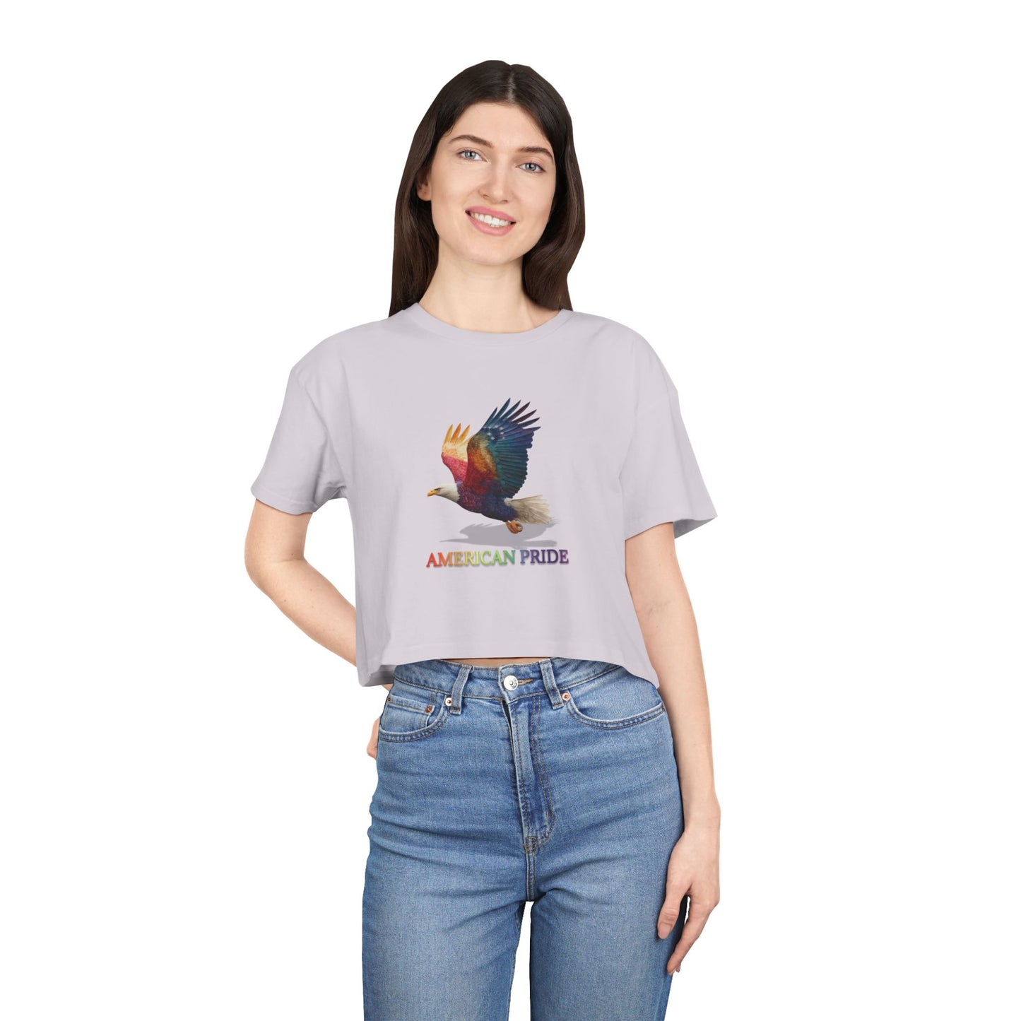 Colorful American Pride Women's Crop Tee, Bohemian Summer Shirt, Patriotic Gift, Festival Apparel, Casual Everyday Wear