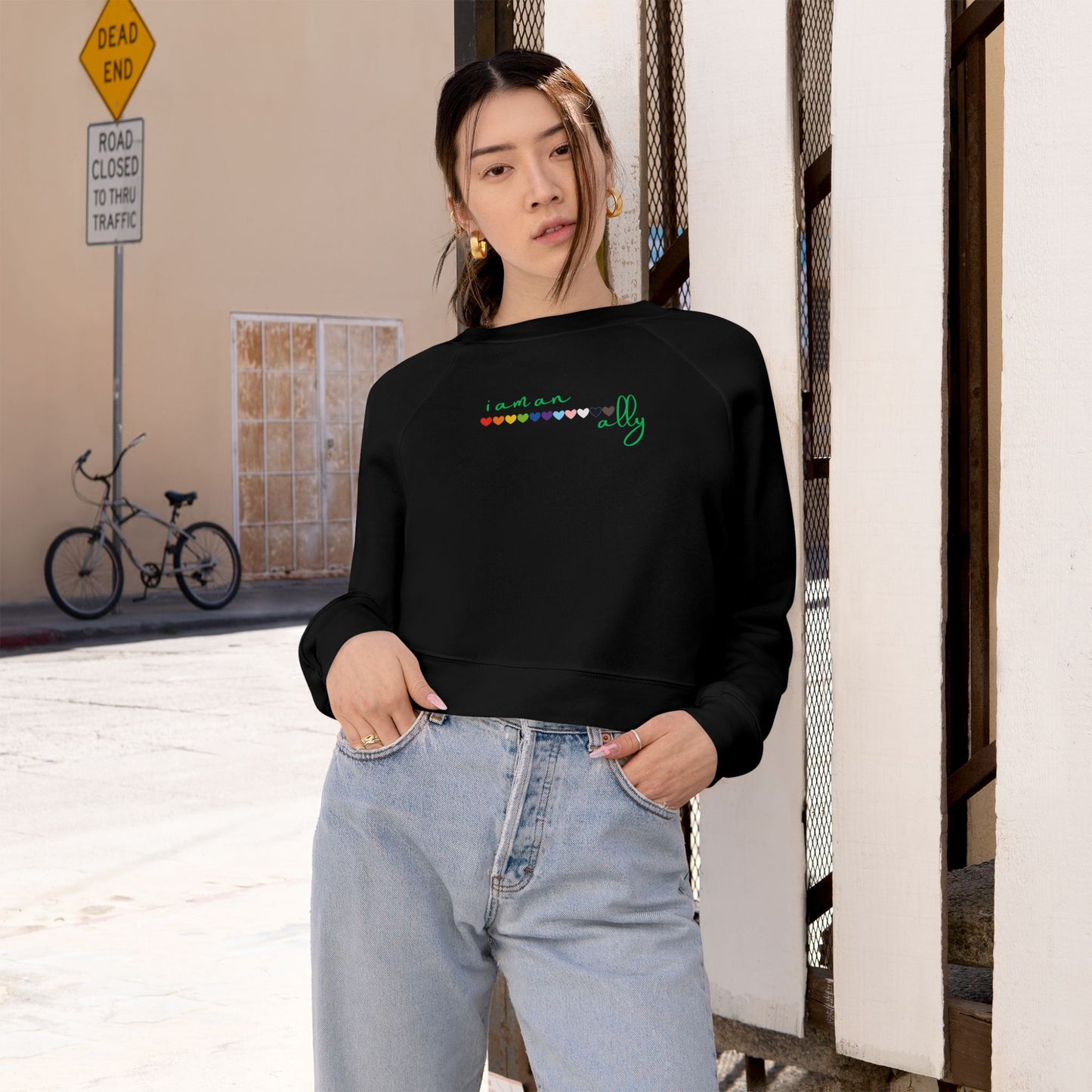 Cropped Fleece Pullover — Retro Rainbow Script with Green Cactus