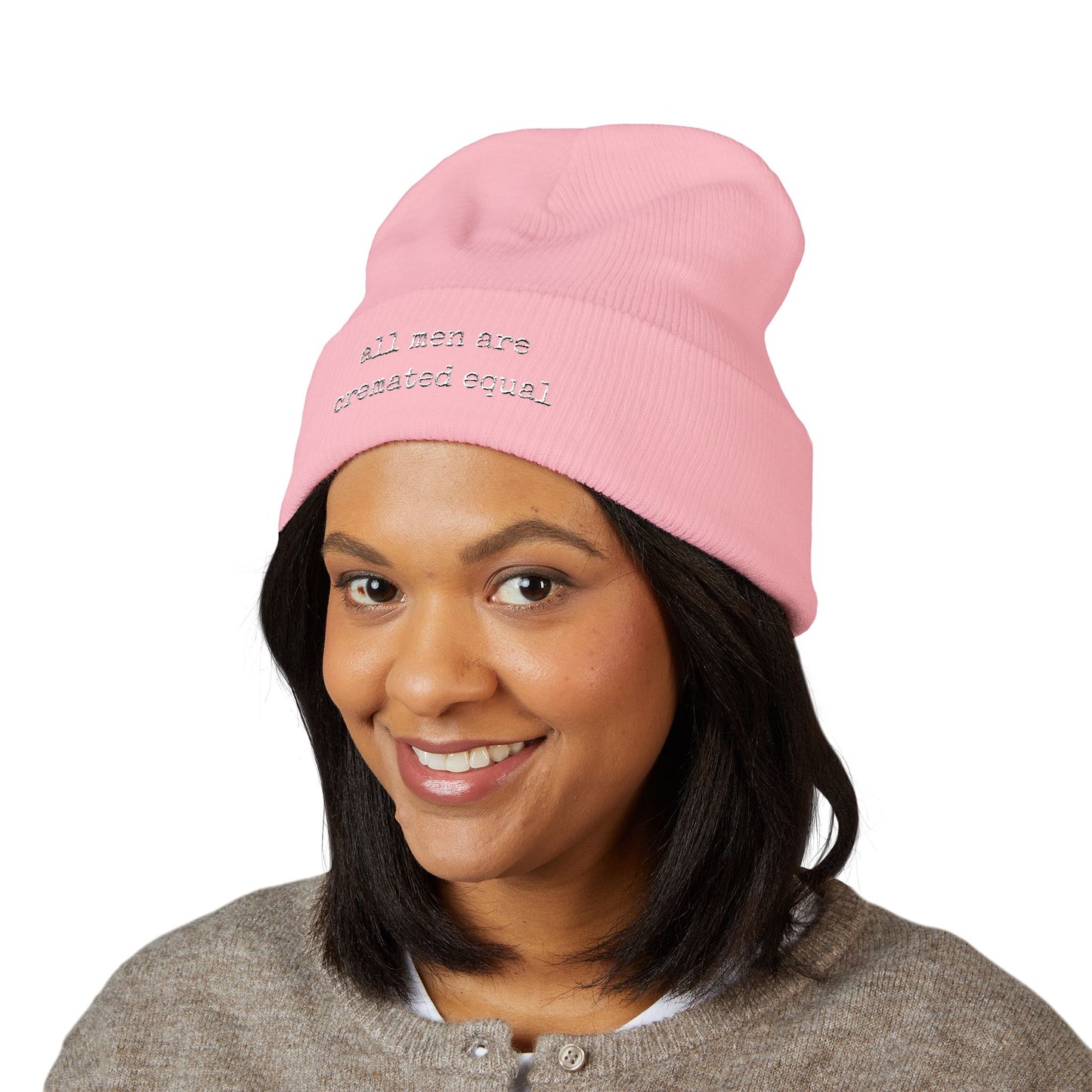 Embroidered Cuffed Beanie A Simple Truth -All Men Are Cremated Equal — Minimal Knit Hat