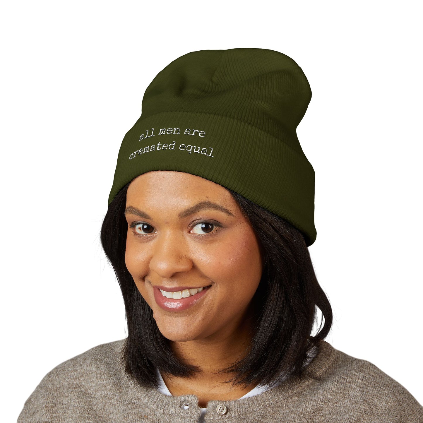 Embroidered Cuffed Beanie A Simple Truth -All Men Are Cremated Equal — Minimal Knit Hat