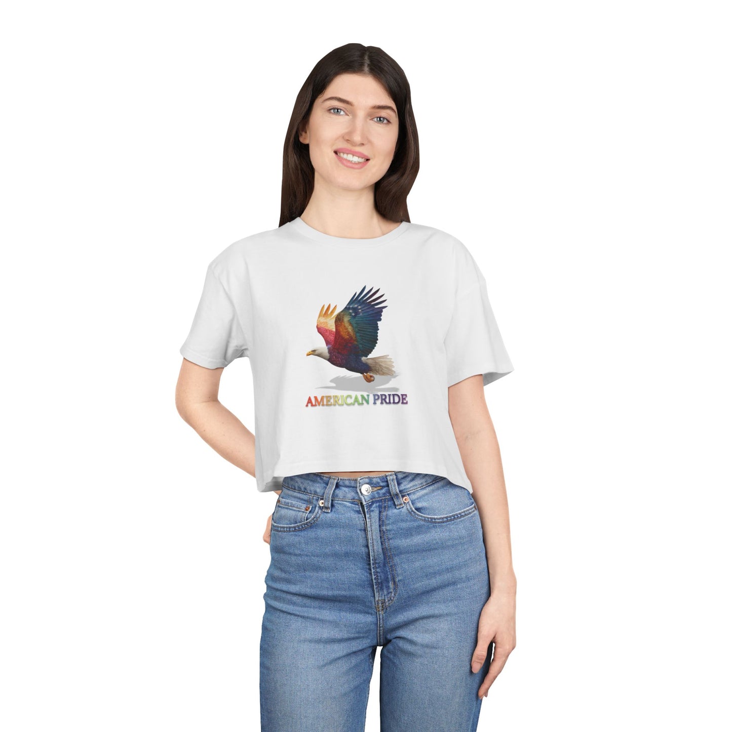 Colorful American Pride Women's Crop Tee, Bohemian Summer Shirt, Patriotic Gift, Festival Apparel, Casual Everyday Wear
