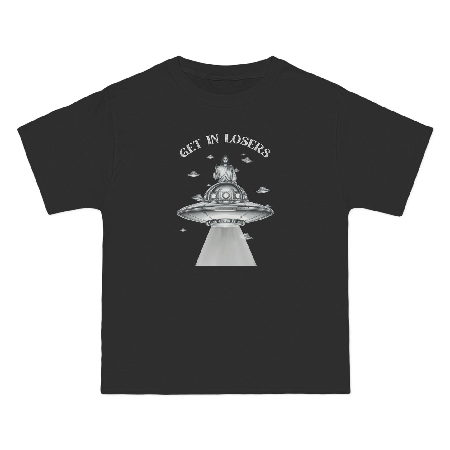Get in Losers -  Rapture Time Jesus UFO Satirical HumorRoom Beefy Cotton T-Shirt