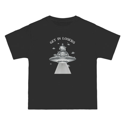 Get in Losers -  Rapture Time Jesus UFO Satirical HumorRoom Beefy Cotton T-Shirt