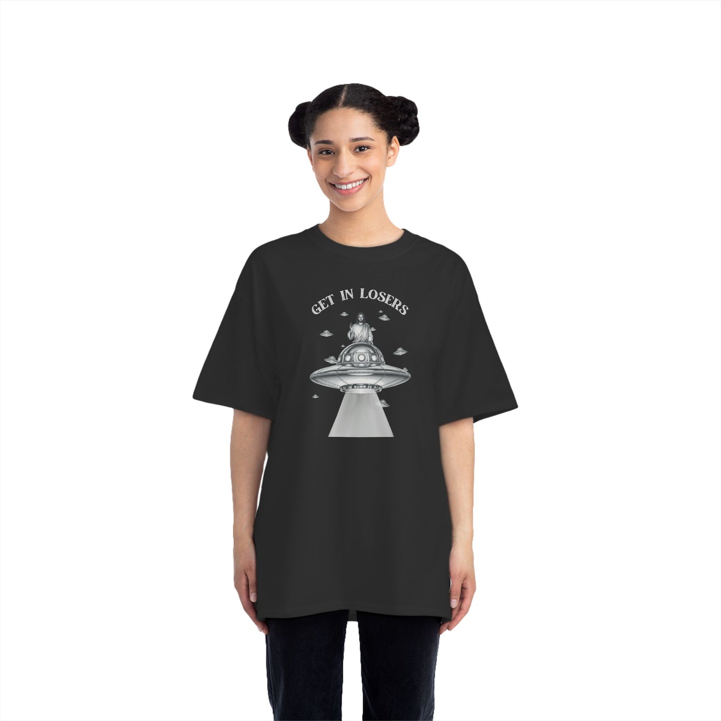 Get in Losers -  Rapture Time Jesus UFO Satirical HumorRoom Beefy Cotton T-Shirt