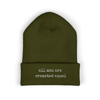 Embroidered Cuffed Beanie A Simple Truth -All Men Are Cremated Equal — Minimal Knit Hat