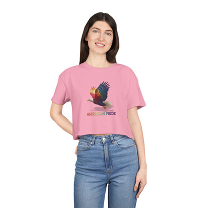 Colorful American Pride Women's Crop Tee, Bohemian Summer Shirt, Patriotic Gift, Festival Apparel, Casual Everyday Wear