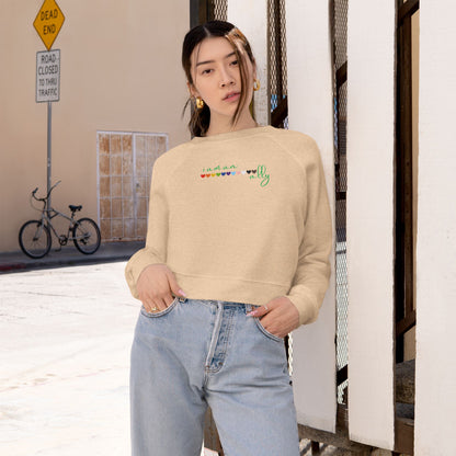Cropped Fleece Pullover — Retro Rainbow Script with Green Cactus